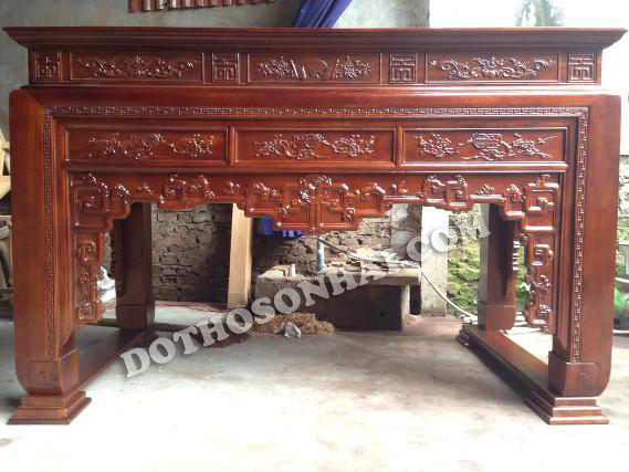 Mẫu bàn thờ đẹp nhất, gỗ gụ, đục truyện tàu lá giắt, hàng kỹ, 1m97 x 1