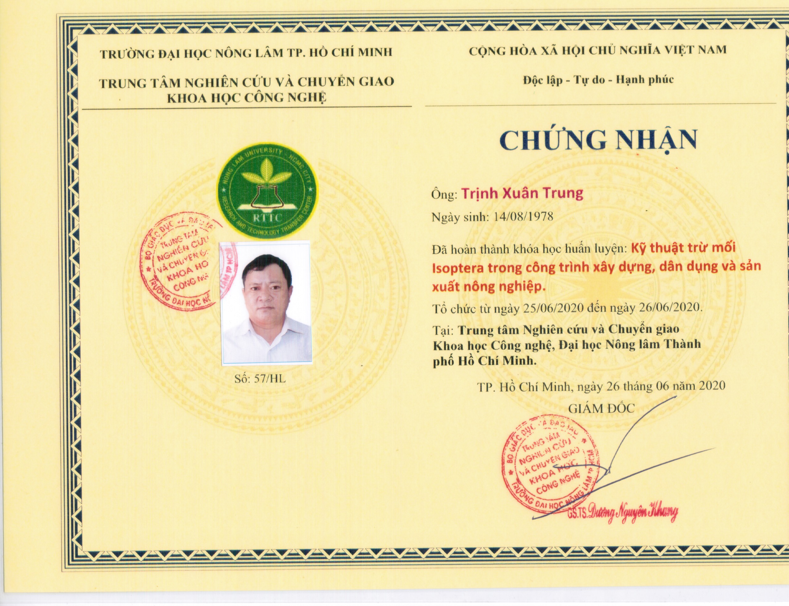 chứng nhận trừ mối