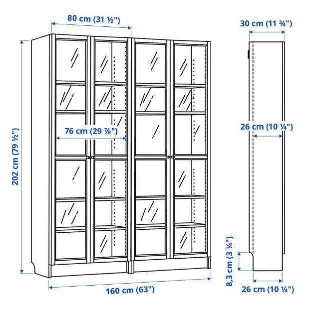 TỦ SÁCH CÓ CỬA KÍNH BILLY / OXBERG IKEA - MÀU SỒI 160x202 cm
