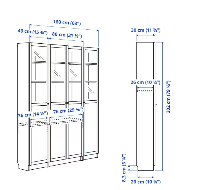 TỦ SÁCH 4 CÁNH KÍNH BILLY / OXBERG IKEA - NÂU SẪM 160x202 cm