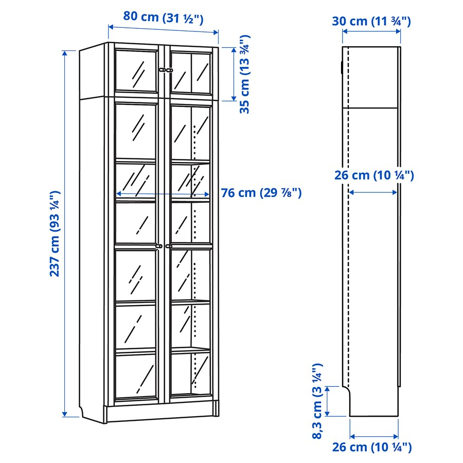TỦ SÁCH MỞ RỘNG CÓ CỬA KÍNH BILLY / OXBERG IKEA - TRẮNG 80x30x237 cm