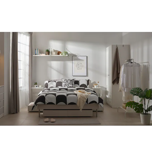 BỘ 2 VỎ GỐI VÀ KHĂN TRẢI GIƯỜNG BRUKSVARA IKEA - HOA VĂN ĐEN/TRẮNG 200x230 cm