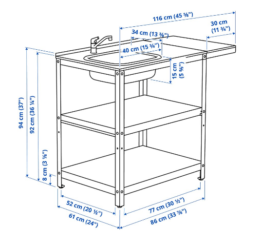 BỒN RỬA KÈM BÀN PHỤ NGOÀI TRỜI GRILLSKÄR IKEA 86x61x176 cm