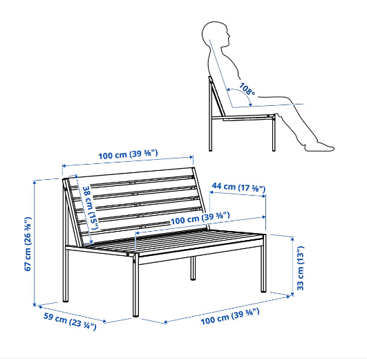 GHẾ SOFA 2 CHỖ NGOÀI TRỜI JOLPEN IKEA - XÁM TRẮNG 100x59x67 cm