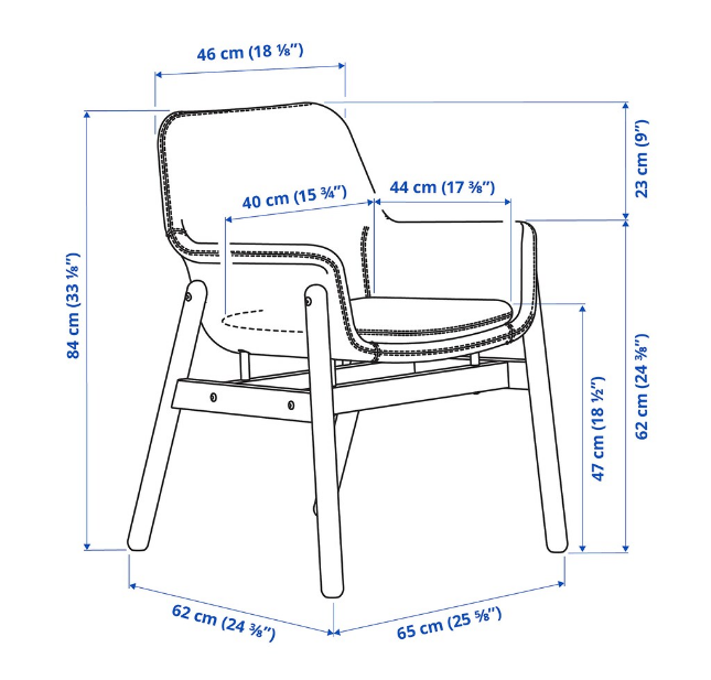 GHẾ BỌC VẢI CÓ TAY VỊN VEDBO IKEA - ĐEN/ XÁM ĐẬM