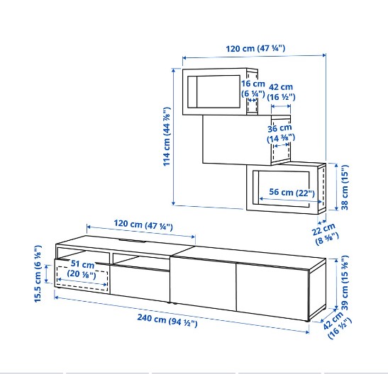 KỆ TI VI KẾT HỢP KỆ LƯU TRỮ CÓ CỦA KÍNH BESTÅ IKEA - MÀU SỒI 240x42x190 cm