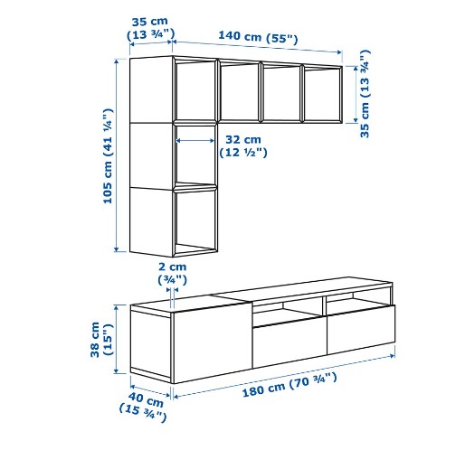 KỆ TI VI KẾT HỢP KỆ LƯU TRỮ BESTÅ / EKET IKEA - TRẮNG180x40x170 cm