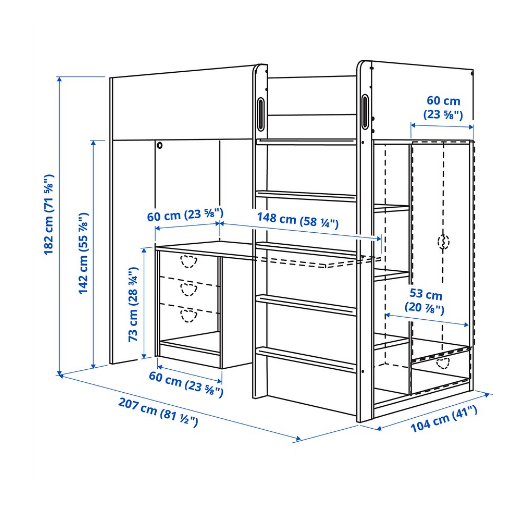 KHUNG GIƯỜNG GÁC XÉP CÓ BÀN VÀ TỦ ĐỰNG ĐỒ SÅSTAD IKEA - TRẮNG 90x200 cm