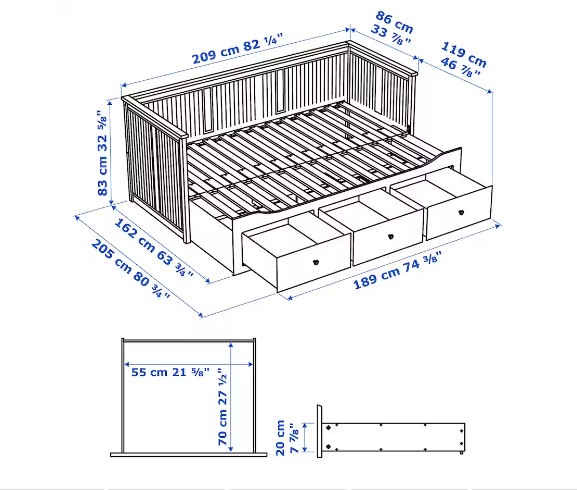 KHUNG GIƯỜNG ĐA NĂNG 3 NGĂN KÉO HEMNES IKEA - TRẮNG 80x200 cm