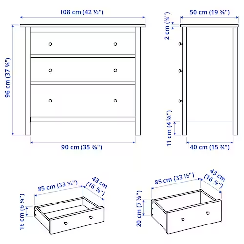 TỦ 3 NGĂN KÉO HEMNES IKEA - NÂU ĐEN 108x96 cm