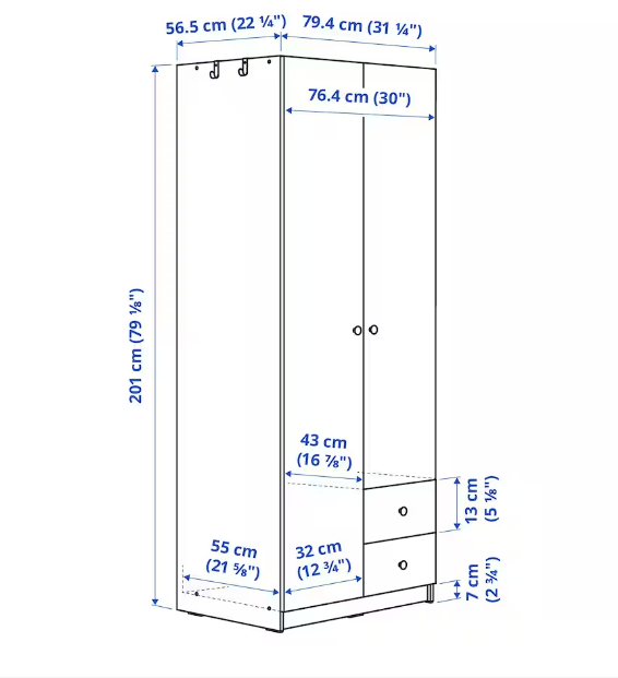TỦ QUẦN ÁO 2 CÁNH 2 NGĂN KÉO BRUKSVARA IKEA - NÂU 79x57x201 cm