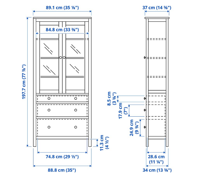 TỦ KÍNH 3 NGĂN KÉO HEMNES IKEA - ĐỎ NÂU 90x198 cm