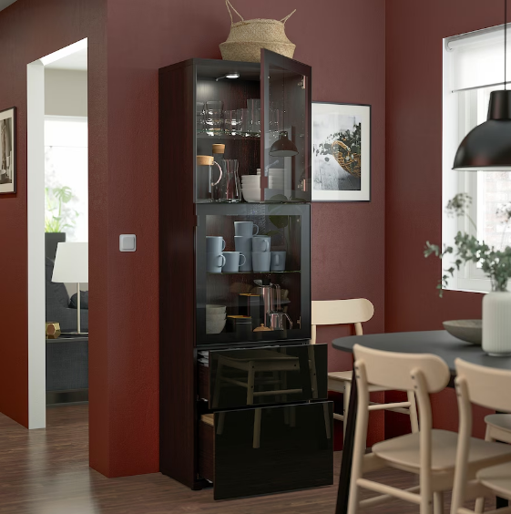 TỦ LƯU TRỮ CÓ CỬA KÍNH BESTÅ IKEA - ĐEN NÂU BÓNG 60x42x193 cm