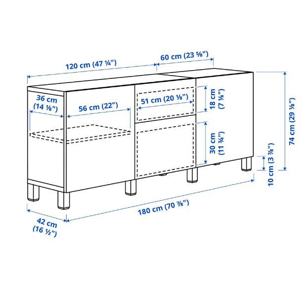 TỦ LƯU TRỮ CÓ NGĂN KÉO BESTÅ IKEA - TRẮNG/XÁM NHẠT 180x42x74 cm