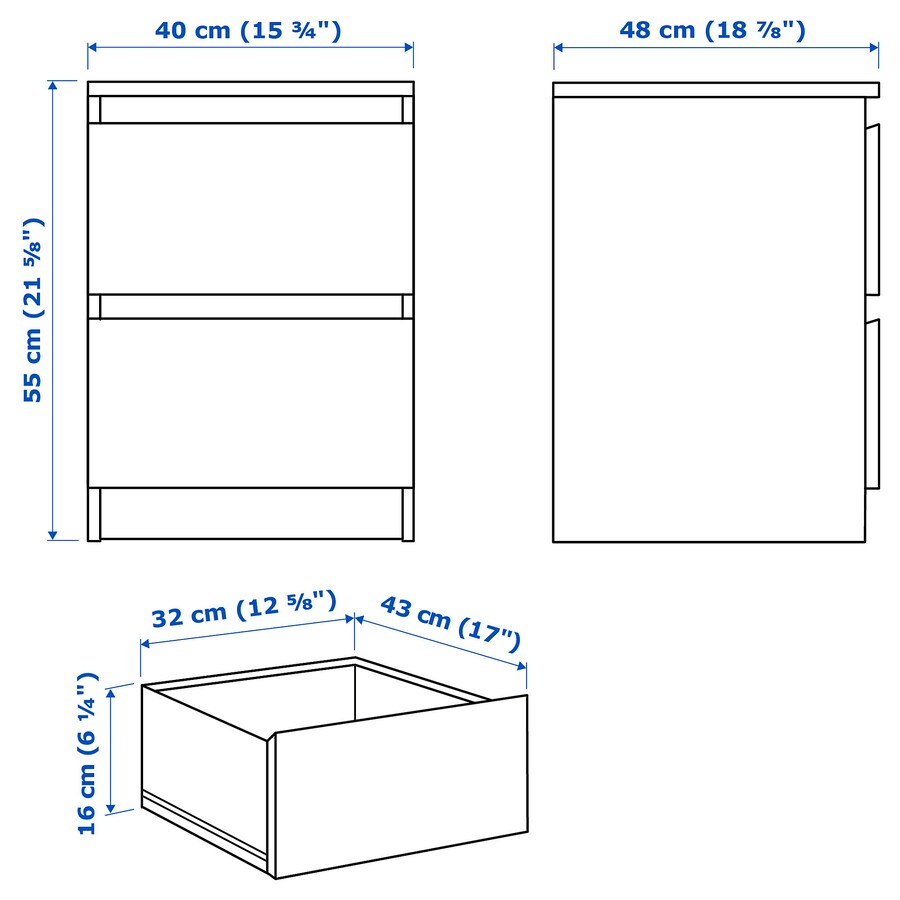 TỦ 2 NGĂN KÉO MALM IKEA - TRẮNG 40x55 cm
