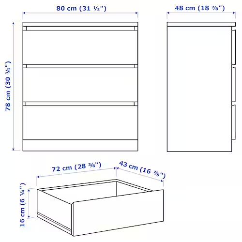 TỦ 3 NGĂN KÉO MALM IKEA - MÀU SỒI 80x78 cm