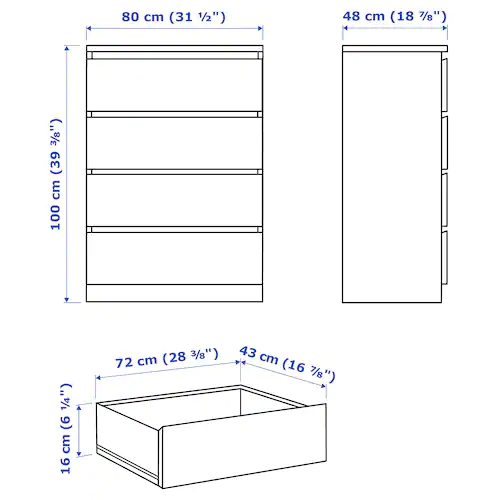 TỦ 4 NGĂN KÉO MALM IKEA - MÀU SỒI TRẮNG 80x100 cm