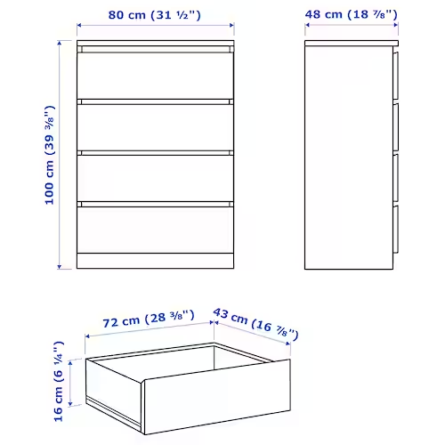 TỦ 4 NGĂN KÉO MALM IKEA- TRẮNG 80x100 cm