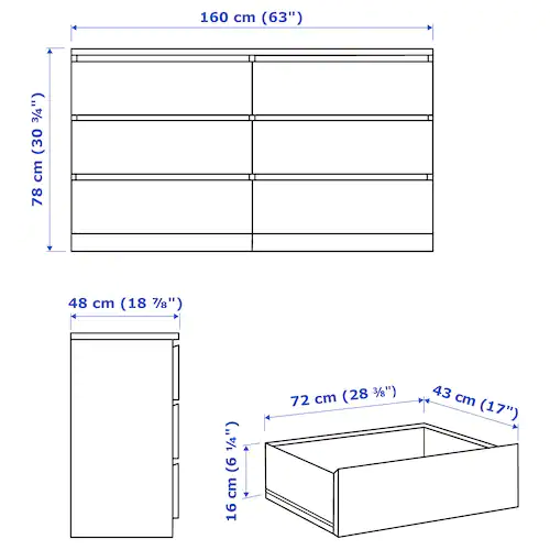 TỦ 6 NGĂN KÉO MALM IKEA - SỒI TRẮNG 160x78 cm