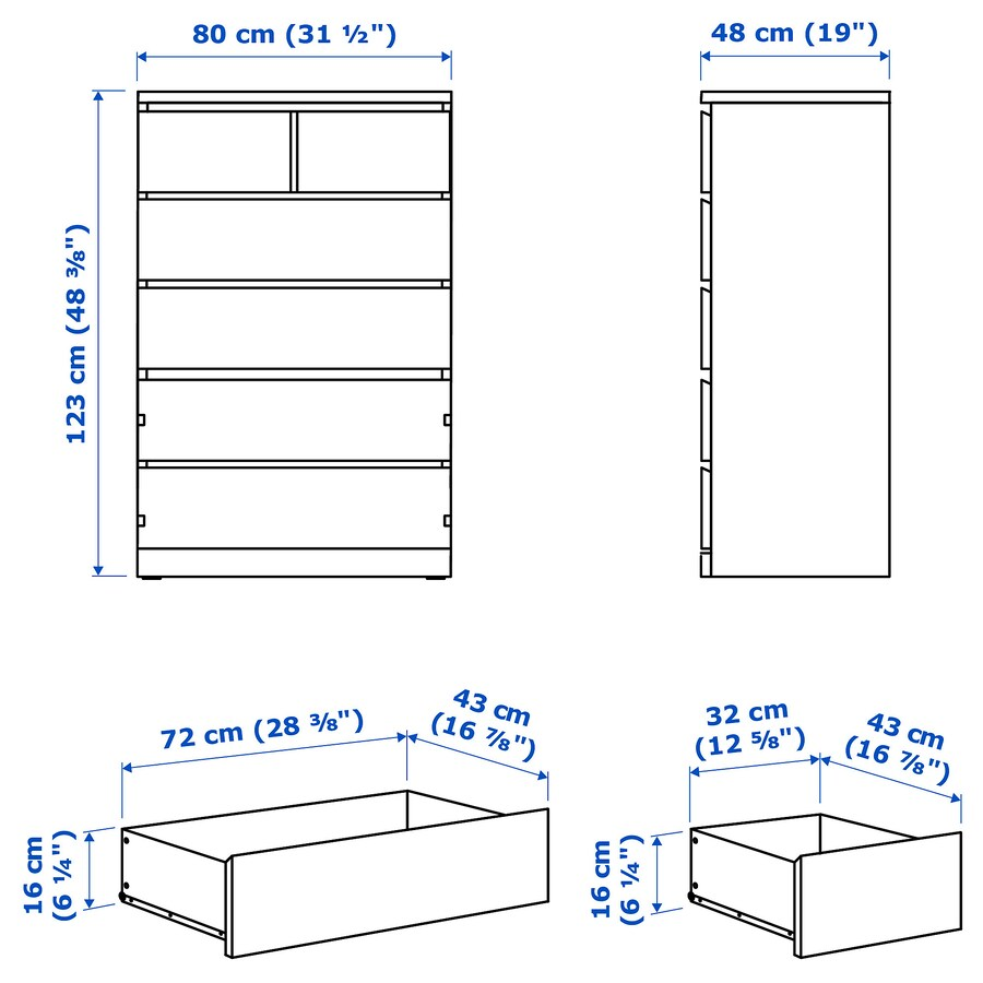 TỦ 6 NGĂN KÉO MALM IKEA - NÂU ĐEN 80x123 cm