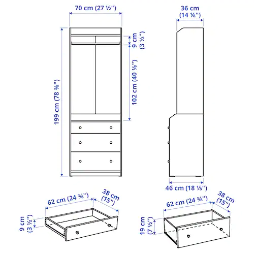 TỦ QUẦN ÁO MỞ 3 NGĂN KÉO HAUGA IKEA - BE 70x199 cm