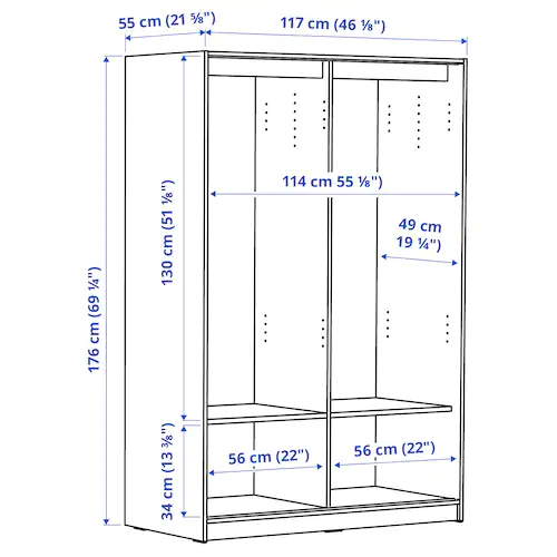 TỦ QUẦN ÁO 2 CÁNH TRƯỢT RAKKESTAD IKEA - ĐEN NÂU 117x176 cm