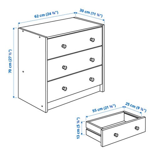 TỦ GỖ THÔNG 3 NGĂN KÉO RAST IKEA 62x70 cm