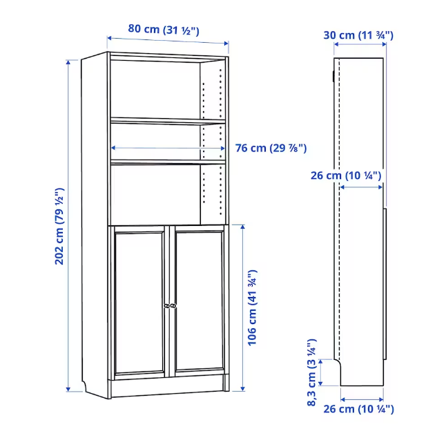 TỦ SÁCH CÓ CỬA BILLY / OXBERG IKEA - NÂU SẪM 80x30x202 cm