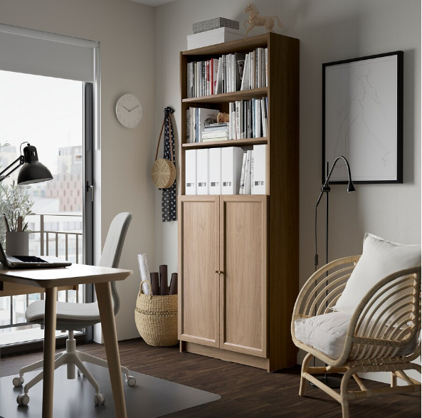 TỦ SÁCH CÓ CỬA BILLY / OXBERG IKEA - SỒI TRẮNG 80x30x202 cm