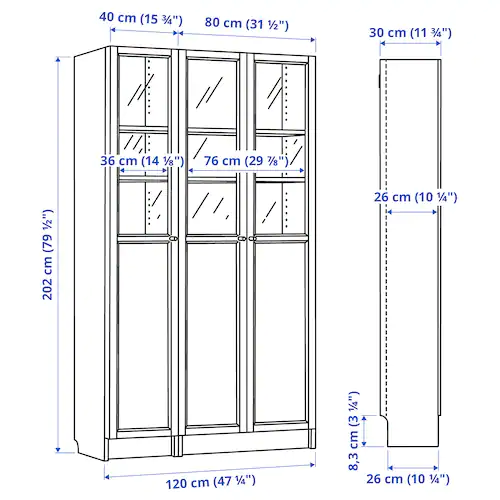 TỦ SÁCH 3 CÁNH KÍNH BILLY / OXBERG IKEA - TRẮNG 120x30x202 cm