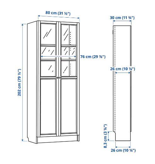 TỦ SÁCH CÓ CỬA BILLY / OXBERG IKEA - NÂU SẪM 80x30x202 cm