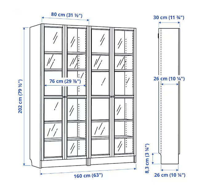 TỦ SÁCH CÓ CỬA KÍNH BILLY / OXBERG IKEA - TRẮNG 160x30x202 cm