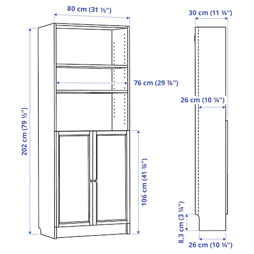 TỦ SÁCH CÓ CỬA BILLY / OXBERG IKEA - TRẮNG 80x30x202 cm