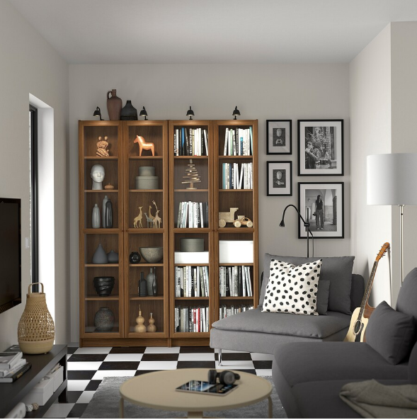 TỦ SÁCH CÓ CỬA KÍNH BILLY / OXBERG IKEA - NÂU 160x30x202 cm