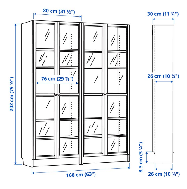 TỦ SÁCH CÓ CỬA KÍNH BILLY / OXBERG IKEA - NÂU 160x30x202 cm
