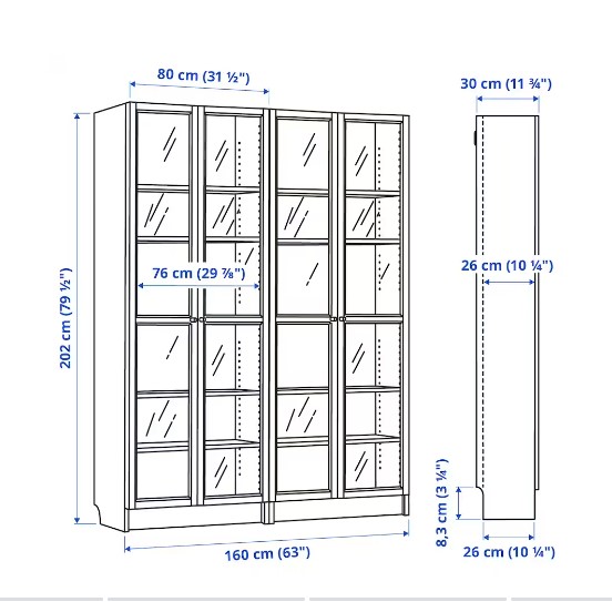 TỦ SÁCH CÓ CỬA KÍNH BILLY / OXBERG IKEA - NÂU SẪM 160x30x202 cm