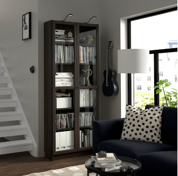 TỦ SÁCH CÓ CỬA KÍNH BILLY / OXBERG IKEA - NÂU SẪM 80x30x202 cm
