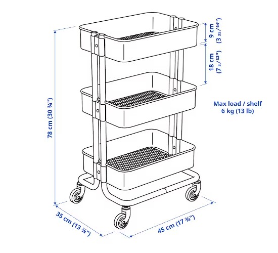 XE ĐẨY 3 TẦNG RÅSKOG IKEA - XANH XÁM 35x45x78 cm