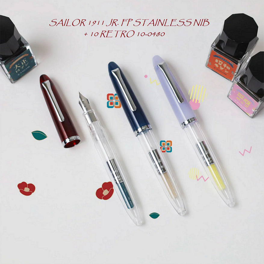 SAILOR 1911 JR. FP STAINLESS NIB + 10 RETRO 10-0480
