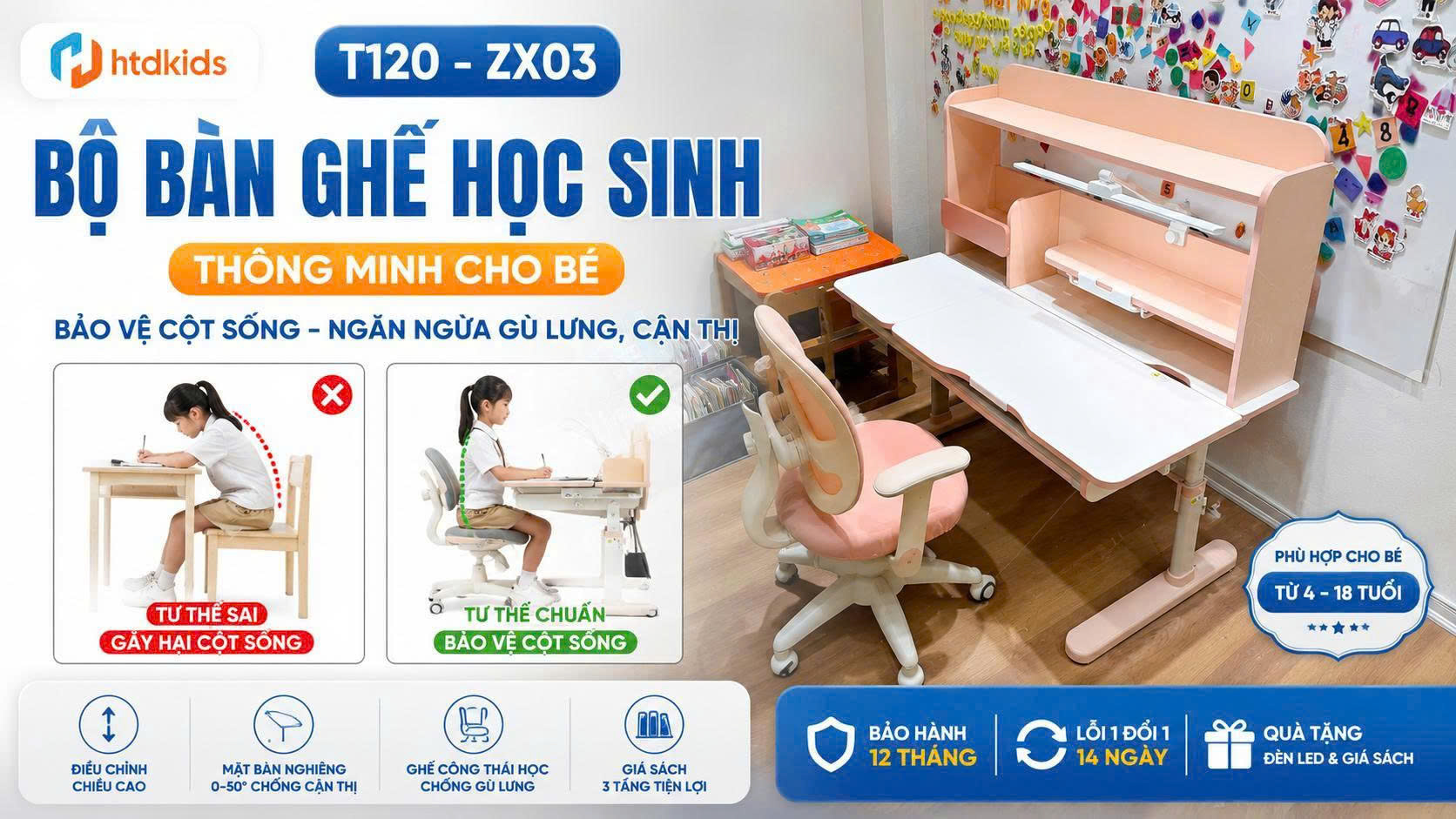 BỘ BÀN GHẾ HỌC SINH THÔNG MINH CHO BÉ T120 - ZX03, sự lựa chọn hoàn hảo để bảo vệ cột sống của các bé tránh bị gù lưng hay cận thị.