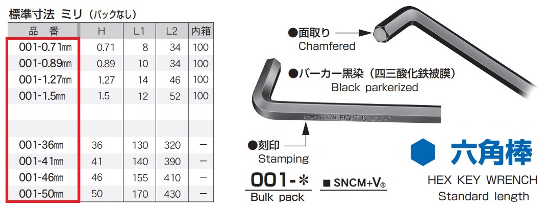 Lục giác chữ L đầu bằng, cỡ lớn nhất đến 50mm, cỡ nhỏ nhất là 0.71mm