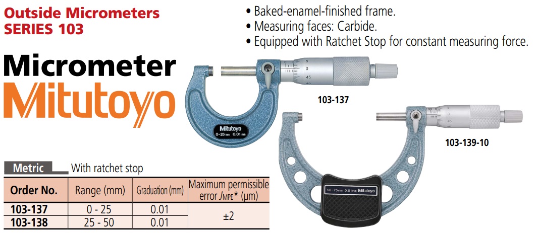 Panme đo ngoài, pame Mitutoyo 103-137 dải đo 0-25mm