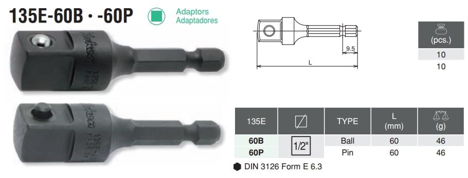 Đầu chuyển 1/4 inch sang 1/2 inch, Koken 135E-60B, đầu chuyển