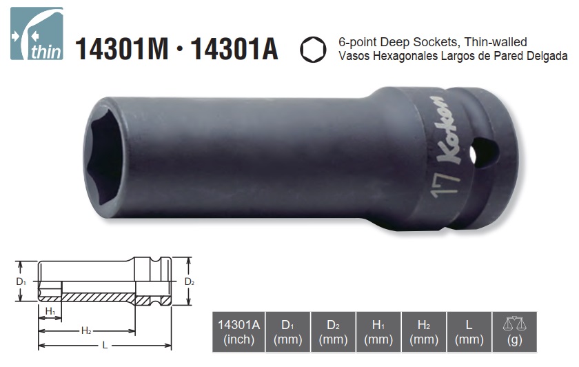 Đầu tuýp 1/2 inch, Koken 14301M, THIN WALL, thành mỏng, Koken socket