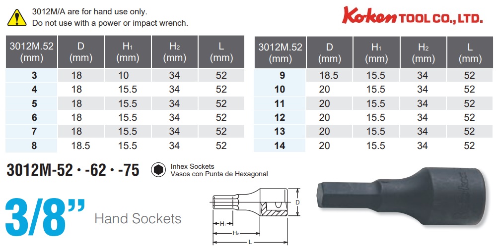 Đầu lục giác Koken, Koken 3012M, chiều dài 52mm, lựa chọn cỡ 3-14mm