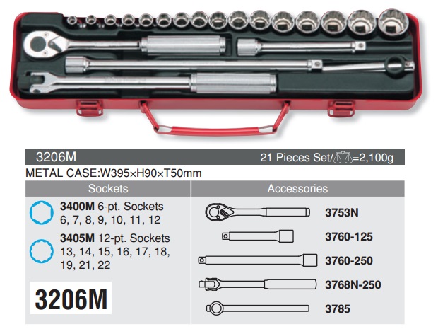Bộ tuýp Koken, khẩu 9.5mm, Koken 3206M, bộ khẩu 3/8 inch