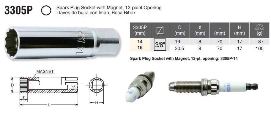 Tuýp mở bugi loại 12 cạnh, Koken 3305P, tuýp bugi cho xe phân khối lớn