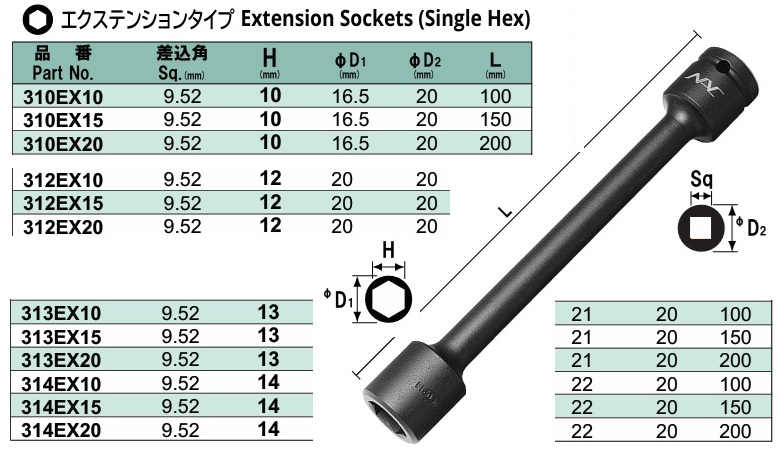 Đầu khẩu nối dài, đâì khẩu NAC 3/8, chiều dài 100-200mm
