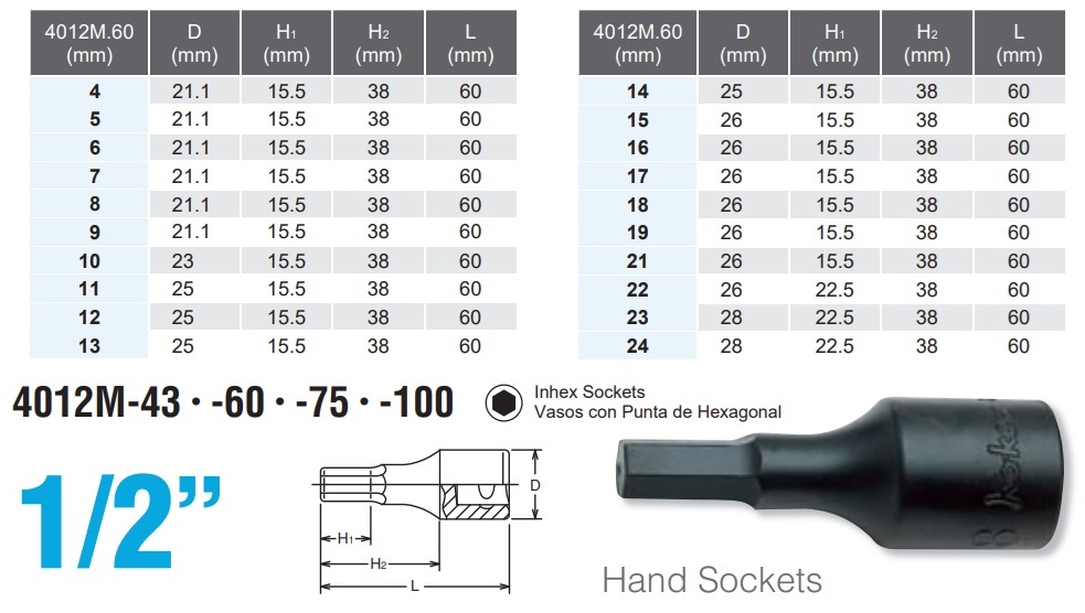 Đầu lục giác Koken, khẩu Koken 4012M, lựa chọn cỡ từ 4-24mm, chiều dài 60mm