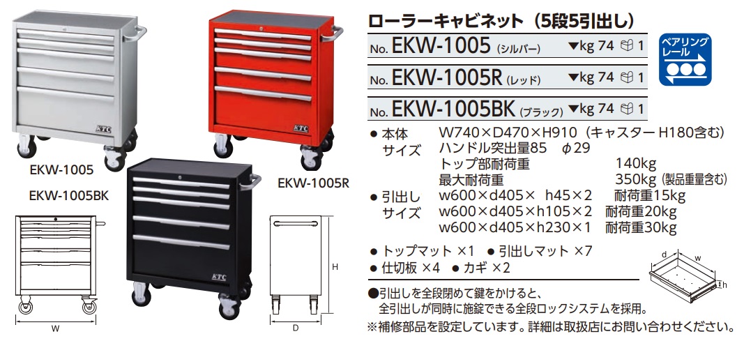 Xe đựng dụng cụ 5 ngăn kéo, xe đựng đồ nghề sửa chữa, KTC EKW-1005R, EKW-1005
